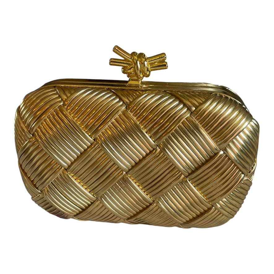Luxury minaudière box clutch with woven / quilted design and crystal clasp.