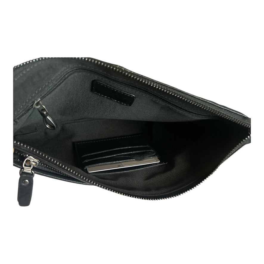 Men's Genuine Leather Structured large-capacity wristlet bag with side zipper and hand strap. Suitable for travel or office use.