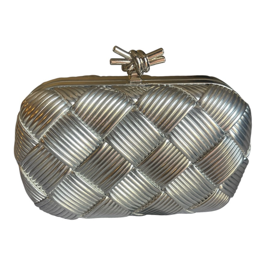 Luxury minaudière box clutch with woven / quilted design and crystal clasp.