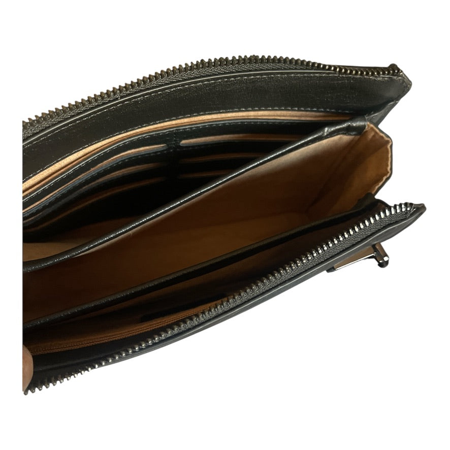 Genuine Structured large-capacity wristlet bag with side zipper and hand strap. Suitable for travel or office use.