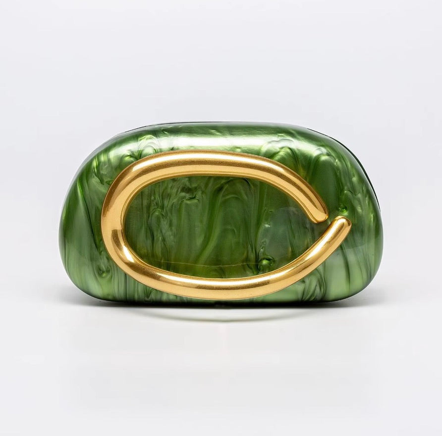 Sculptural Seashell Marble Clutch – Premium Acrylic Shoulder Bag with Detachable Metallic Chain.
