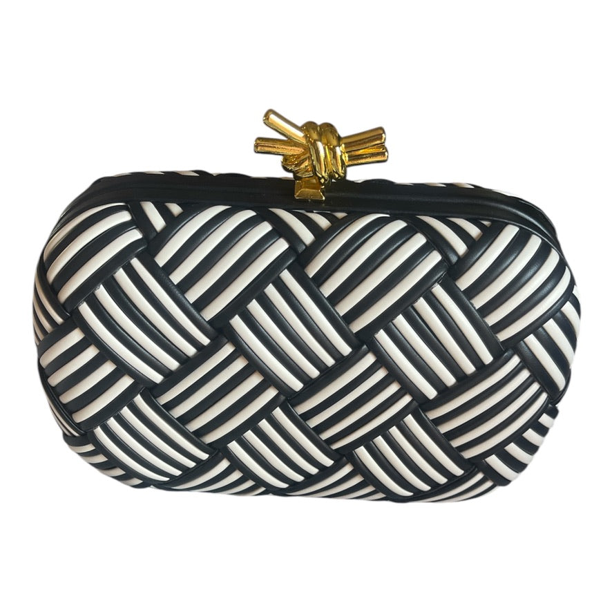 Luxury minaudière box clutch with woven / quilted design and crystal clasp.