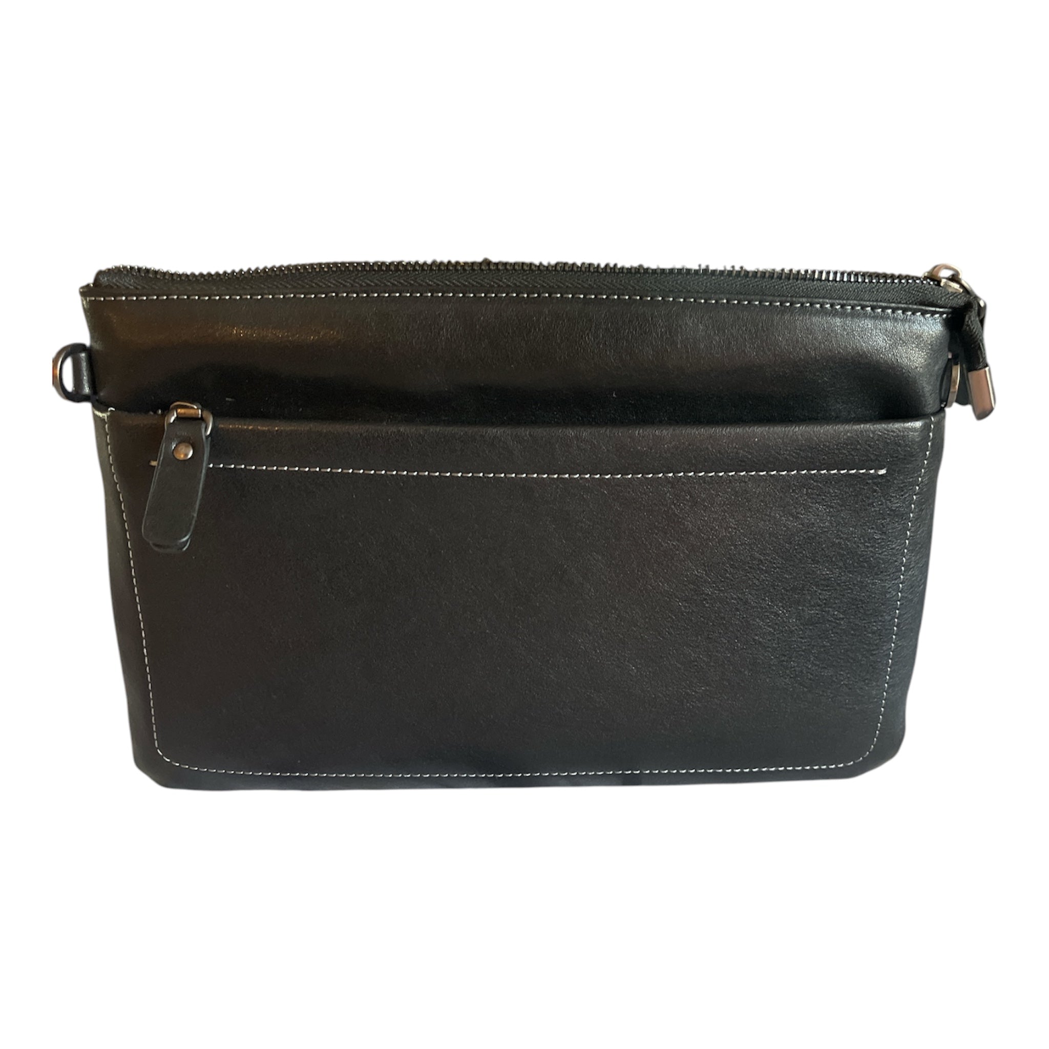 Men's Genuine Leather Structured large-capacity wristlet bag with side zipper and hand strap. Suitable for travel or office use.