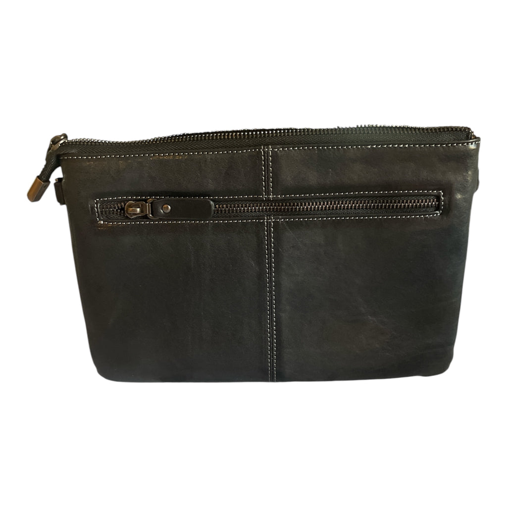 Men's Genuine Leather Structured large-capacity wristlet bag with side zipper and hand strap. Suitable for travel or office use.