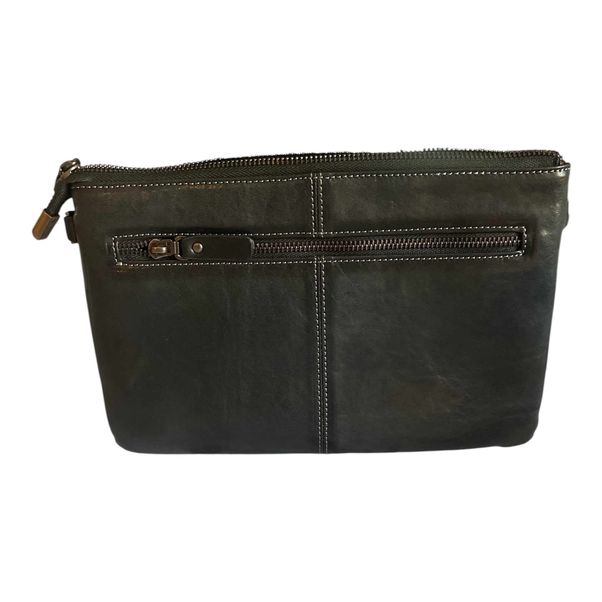 Men's Genuine Leather Structured large-capacity wristlet bag with side zipper and hand strap. Suitable for travel or office use.