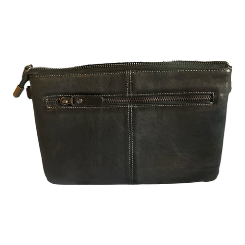 Men's Genuine Leather Structured large-capacity wristlet bag with side zipper and hand strap. Suitable for travel or office use.